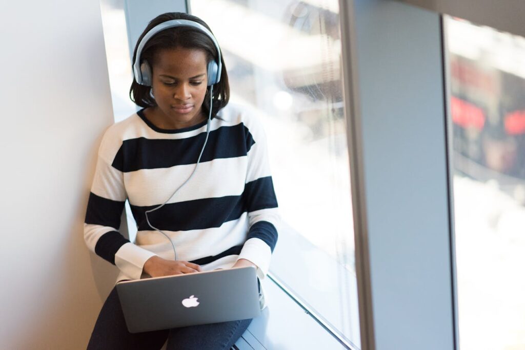 woman with headphones at work